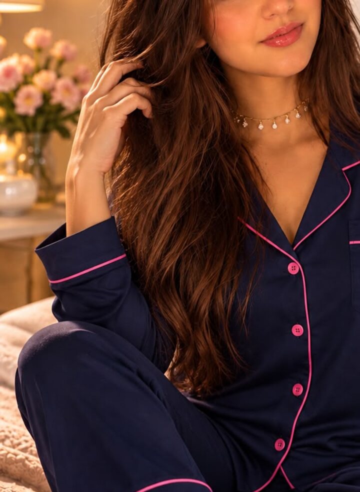 Pijama tradicional azul marinho, blusa de manga longa abotoada e calça comprida, com vivo rosa.